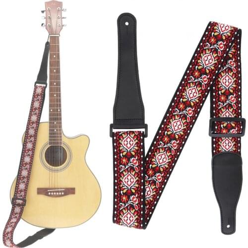 Jacquard Weave Double Fabric Guitar Strap Flower Pattern Genuine Leather Ends with for Acoustic Electric Guitar Bass