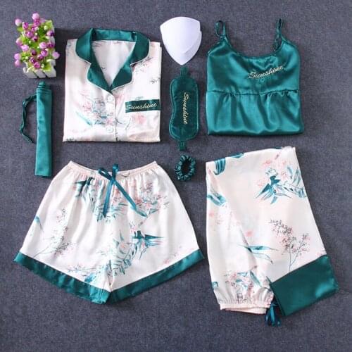7 Pieces Womens faux Silk Satin Pajamas Sets Pyjamas Set Sleepwear Flowers Pajamas Suit Female Sleep Two Piece Set Loungewear