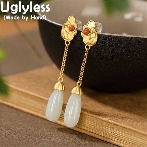 Uglyless Vintage Ethnic Peacock Earrings for Women Natural Agate Drop Earrings 925 Silver Phoenix Gold Turquoise Brincos E1846