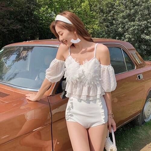 Swimsuit Woman 2021 Two Piece Korean Swimwear Bathing Suits Women Plus Size Bikini White Japanese Petal Girl Slim Sexy Hot Split