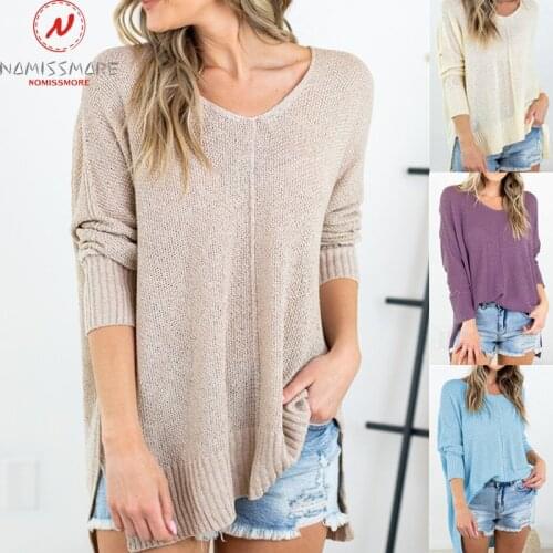Fashion Women Solid Color Sweaters Hollow Out Design Split Decor See Through V-Neck Long Sleeve Spring Autumn Casual Knitted Top