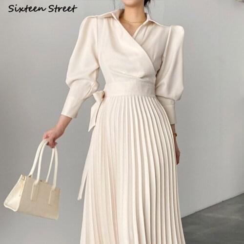 Korean Chic Pleated Dress Woman V-neck Apricot Elegant Long Dress Vestido Female Fall 2021 Turn-down Neck Lace Up Dresses OL