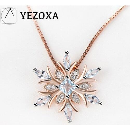925 Sterling Silver Gemstone Pendants For Women Sky Blue Topaz Elegant Snowflake Charm Rose Gold Fine Jewelry Accessories Trendy