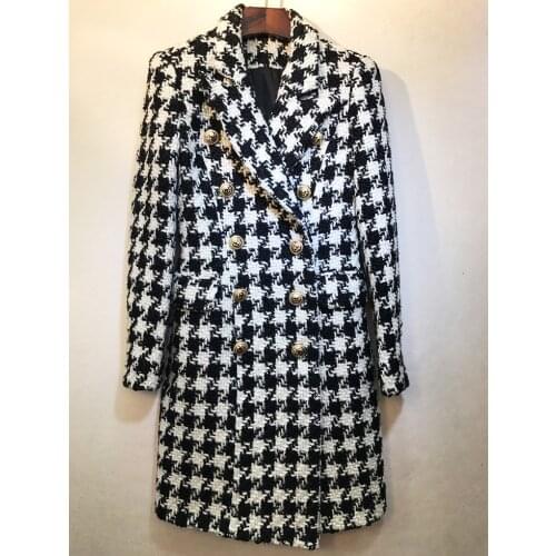Europe&America womens double-breasted plaid tweed coat 2019 Fall/winter high quality houndstooth overcoat women B068