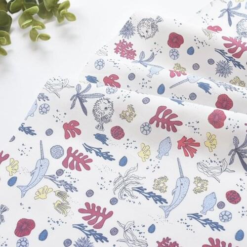 1meter cotton Cartoon marine life white fabric tissu imprimé enfant for Childrens skirt dress DIY bag handwork fabric art XMT
