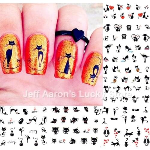 12PCS/lot beauty black cat water transfer nail art sticker decals for nails decoration accessoires manicure tools A49304