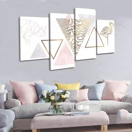 4 Panels Geometric Flamingo Rose Gold Single Print On Canvas Painting Wall Art Pictures for Living Room Restaurant Home Decor