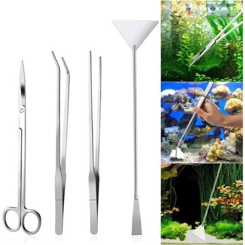 4pcs Aquarium Tools Set Plants Tweezers And Scissors Grass Stainless Steel Cleaning Tools Plants Fish Tank Accessories