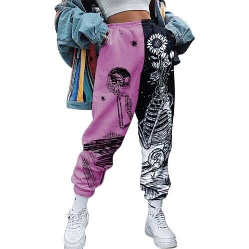Women Hip Hop Sweatpants Skull Print Patchwork Pants 2020 Autumn Elastic Waist Pocket Overalls Casual Streetwear Joggers