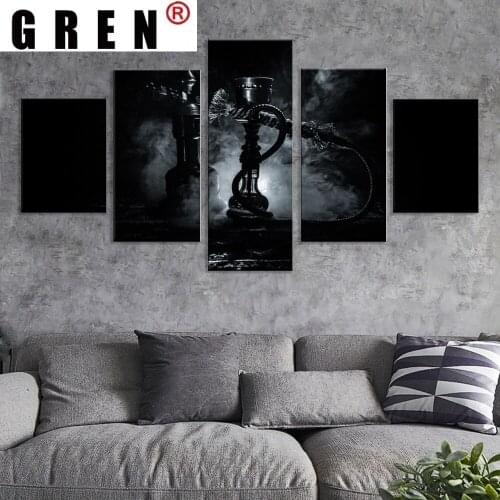 GREN Large 5 Pieces Canvas Posters and Prints Black And White Smoking Hookah Shisha Bowl Picture Print On Canvas For Room Decor