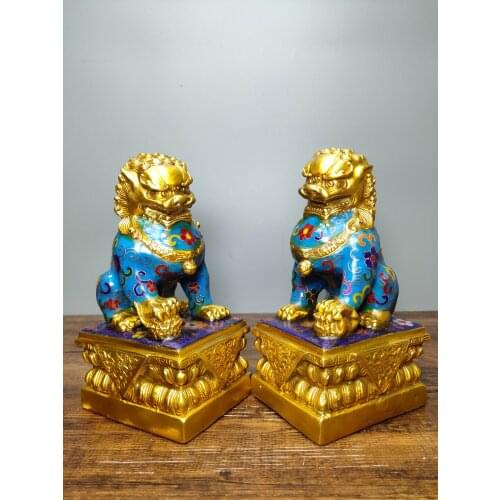 Asian antique art collection crafts, Chinese Old Copper Palace Cloisonne Lion Sculpture,Metal Fu Foo Dogs Statue With Mark