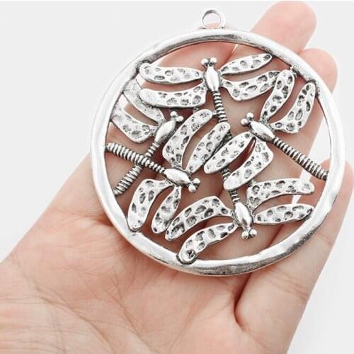 2PCS Large DIY Jewelry Findings Antique Hammered Dragonfly Round Circle Charm Pendant for Necklace Accessories 70x64mm