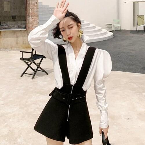 Super-Handsome Retro Fashion High-Waisted Short Black Overalls Shirt Two Pieces Set Spring Summer Western