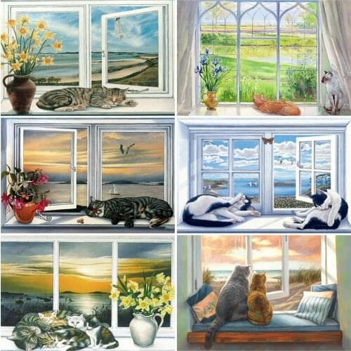 MomoArt Diamond Mosaic Cat Full Drill Square Diamond Painting Animal Cross Stitch Embroidery Window Picture Rhinestones Wall Art