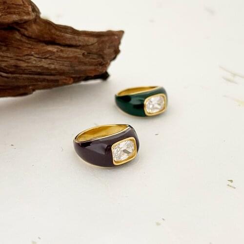 Monlansher Luxury Zircon CZ Stone Ring Green Multicolor Enamel Titanium Steel Finger Ring for Women Vintage Classy Rings Jewelry