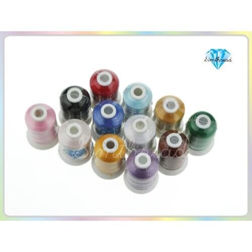 Popular Brother color 100% polyester embroidery thread 1000m/cone, 12 Satin Threads in box