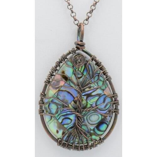 Vintage Handmade Copper Wire Winding Tree of Life Natural Abalone Shell Water Drop Pendant & Necklace Female Men Fashion Jewelry