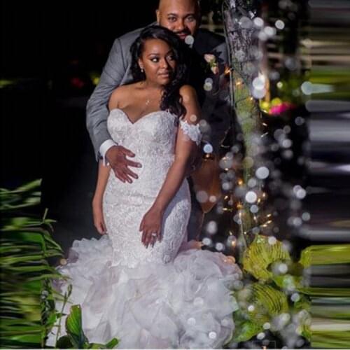 African Plus Size Mermaid Wedding Dresses Bridal Gown Off the Shoulder Tulle Ruffles Lace Up Back vestidos de novia