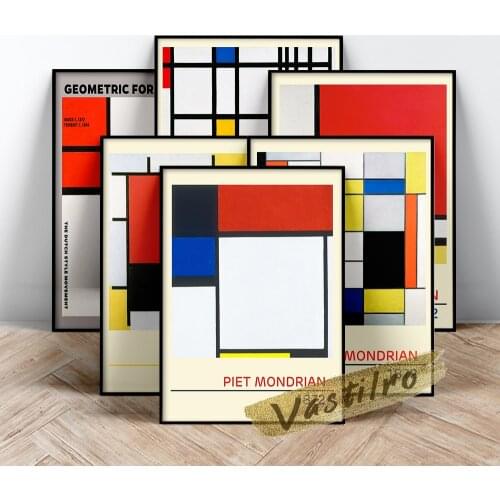 Piet Mondrian Exhibition Poster, Composition With Large Red Plane Yellow Black Gray And Blue Painting, Retro Mondrian Wall Art