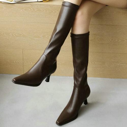 Black Brown Women Knee High Boots PU Leather Thin High Heel Square Toe Ladies Calf Boots Side Zipper Dress Womens Boots Big Siz