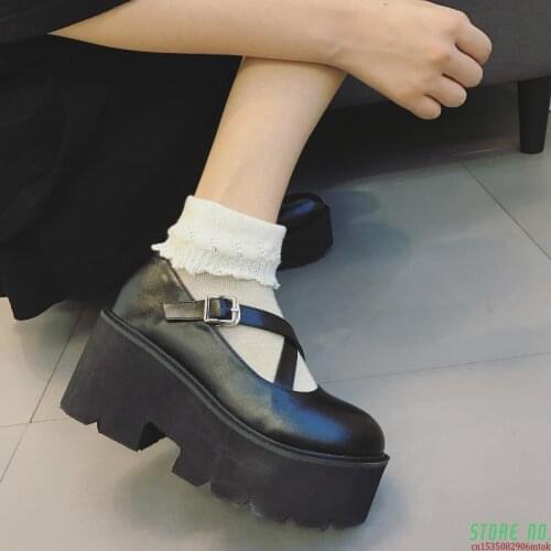 Chunky Heel Platform Mary Jane Shoes Women Round Toe Cross-tied High Heels Women Pumps Black Punk Goth Shoes Women