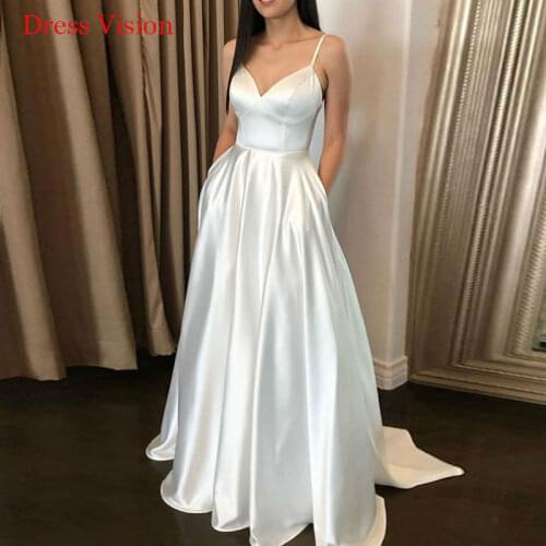 Elegant Satin V-neck Spaghetti Straps Wedding Dress платье Robe De Mariée Bride To Be Long Bride Gown Vestido De Novia