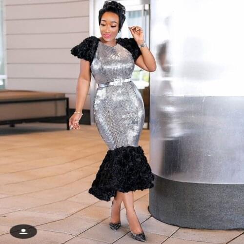 2019 Sequin Dress Silver With Black Patchwork Short Sleeve Mid Calf Fashion Women Celebrity Party Plus Size Dresses Wholesale