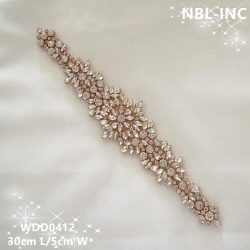 30pcs)Wholesale bridal sash beaded sewing rose gold crystal rhinestone appliques iron on for wedding dresses sash belt WDD0412