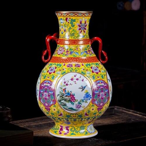 Antique Jingdezhen Pastel Floral Bird Pattern colorful Vase TV Cabinet Home decoration