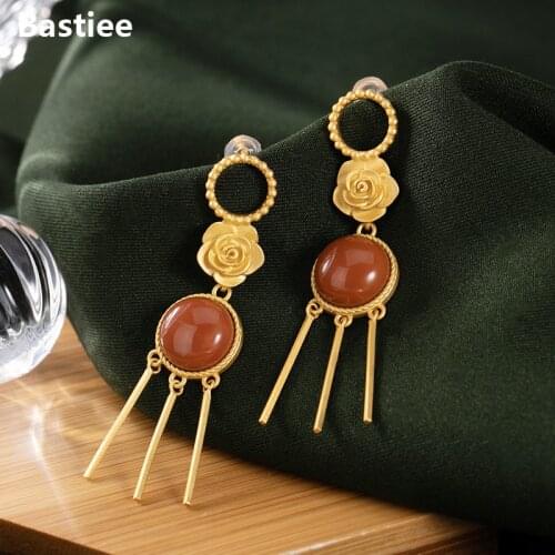 Bastiee Tassel Drop Earrings For Women Silver 925 Jewelry Luxury Gifts Rose Earings Gold Plating Red Agate