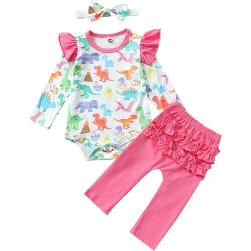 0-24M Cute Newborn Baby Girl Long Sleeve Cartoon Dinosaur Bodysuit Tops Ruffles Long Pant Headband 3PCS Baby Clothing Set