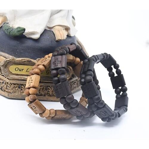 Wooden Cross Bracelet Elastic Strand Square Rosary Beads Bracelet Religious Catholic Christian Paryer Blessing Men Women Jewelry