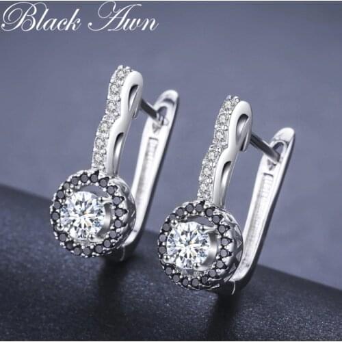Black Awn 2020 New Vintage Genuine 925 Sterling Silver Engagement Hoop Earrings for Women with Black&White Stone Jewelry T001