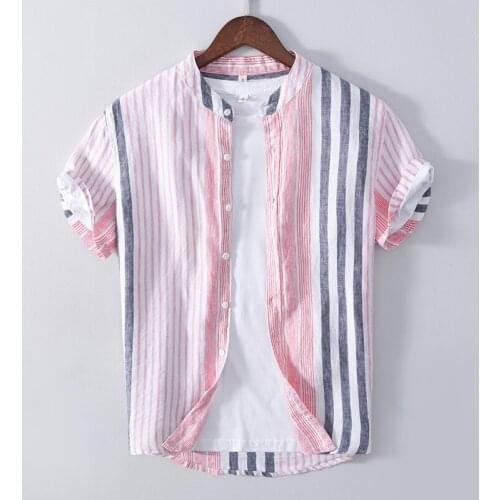 2021 Summer new style short-sleeved stand collar stripe shirt men brand casual comfortable shirts for men tops mens clothing