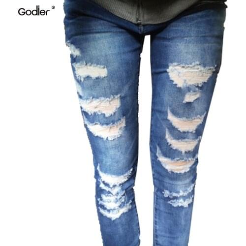 Godier Spring Big Hole Elastic Jeans Leggings Jean Trousers Denim Jeans Womens Slim Skinny Pencil Pants Ripped Jeans For Women