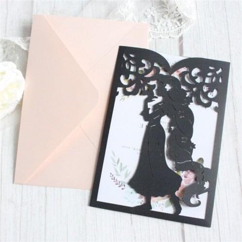Party invitation card pocket black laser cut girl hollow customized printing rural invites 50pcs