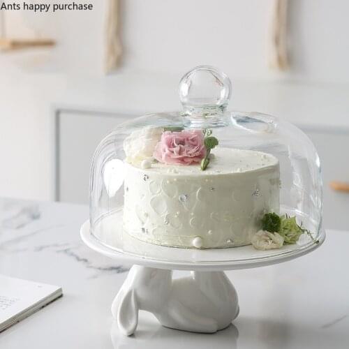 Rabbit Fruit Tray Ceramic Cake Pan with Glass Cover Afternoon Tea Dessert Snack Rack Party Wobble Plate Cake Stand Display Plate