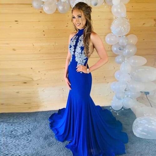 Royal Blue Spandex Mermaid Appliques Prom Dresses Long 2020 Halter Backless Formal Evening Party Gowns Robe De Soiree
