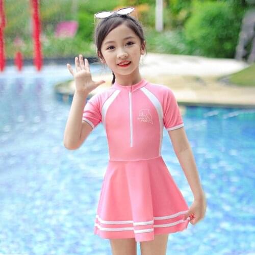 Zipper Short Sleeve Swimwear Kids 2021 Girls Swimsuit Skirt Children Bathing Suit Two Piece Korean Style Zwemkleding Meisjes