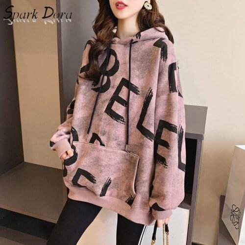 SparkDora autumn winter new Plus velvet thick sweatshirt women long-sleeved Korean version of the loose letter girl jacket tide
