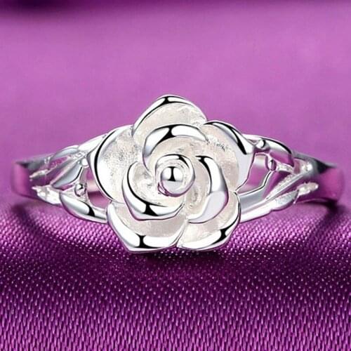 Fashion Silver Plated Rings Rose Flower Open Ring Hollow Out Design Finger Ring Jewelry Valentines Day Gift
