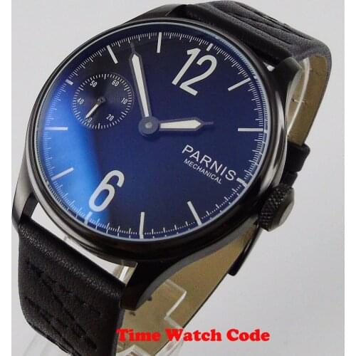 Parnis 46mm Black Hand-winding Mens wristwatch PVD Coated 6497 movement luminous black leather strap buckle seconds hand