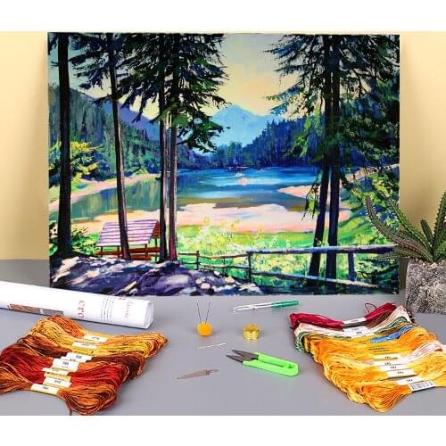 Landscape Lake Synevir Printed Fabric 11CT Cross-Stitch Embroidery Set DMC Threads Needlework Handmade Knitting Hobby Floss