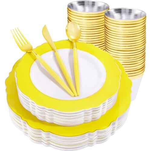 60 Disposable Dinner Plate Set Yellow Plastic Tray With Golden Edge Disposable Golden Plastic Silverware Wedding Party Supplies