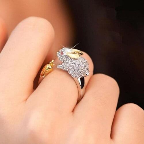 Cubic Zirconia Open Wedding Adjustable Rings Cute Finger Ring Bunny Animal Jewelry Rabbit shape Rings for Women