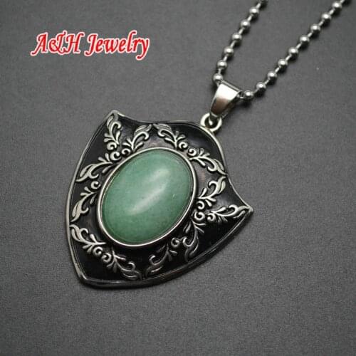 10pc Black Enamal Alloy Shield Shape With Aventurine Inlay Pendant Necklace For Men and Women Jewelry