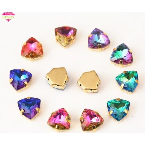 RESEN 12mm Mix Crystal Glass Fat Triangular Stone Five kinds of Light Sew On Rhinestone With Holes DIY Clothing Accessories