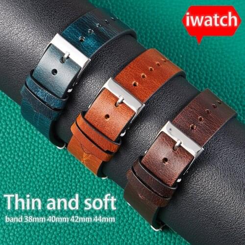 New Genuine Leather Strap for Iwatch 42mm 40mm 44mm 38mm Oil-waxed Leather Watchband for Apple Watch 6 5 4 3 Vintage Thin Band