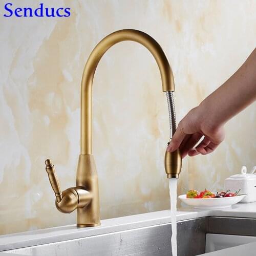 Senducs Antique Pull Down Kitchen Faucet Newly Saving Water Brass Kitchen Mixer Tap Quality Copper Pull Down Kitchen Faucet