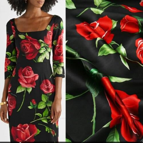 Rose print stretch satin fabric meter breathable dress chiffon fabric rose flower clothing handmade silk fabric wholesale cloth